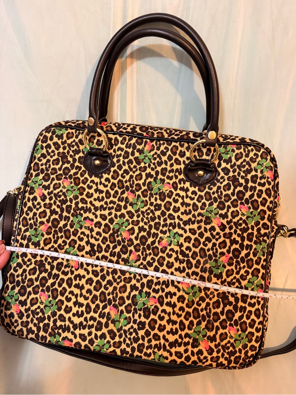 Betsey Johnson Leopard Print Satchel Laptop bag with Pink & Green Floral Accents - Picture 3 of 6